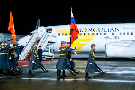 MOSCOW, RUSSIA - DECEMBER 06, 2019: March-past (parade) of The Honor Guard of the 154 Preobrazhensky Regiment at an  official send-off ceremony of the Prime Minister of Mongolia Ukhnaagiin Khurelsukh at Vnukovo airport during a state visit to the Russian のeditorial素材