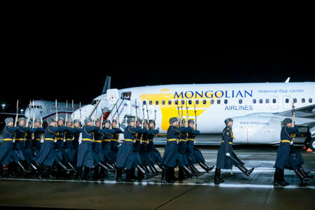 MOSCOW, RUSSIA - DECEMBER 06, 2019: March-past (parade) of The Honor Guard of the 154 Preobrazhensky Regiment at an  official send-off ceremony of the Prime Minister of Mongolia Ukhnaagiin Khurelsukh at Vnukovo airport during a state visit to the Russian のeditorial素材