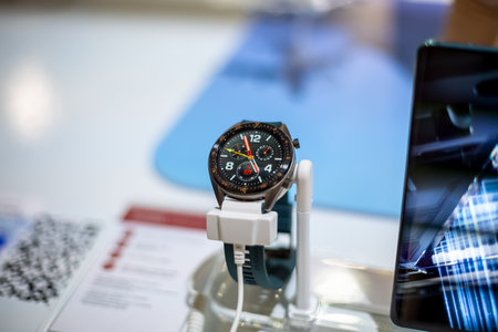Moscow, Russia - October 04, 2019: new huawei smart watch GT active shows scoreboard time.のeditorial素材