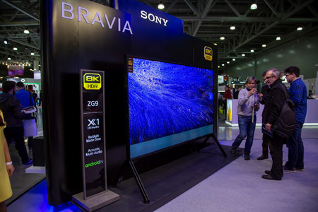 Moscow, Russia - October 04, 2019: first 8k TV set Sony bravia ZG9 MASTER Series, android, x1 ultimate, backlight master drive acoustic multi audio, 98 inch.のeditorial素材
