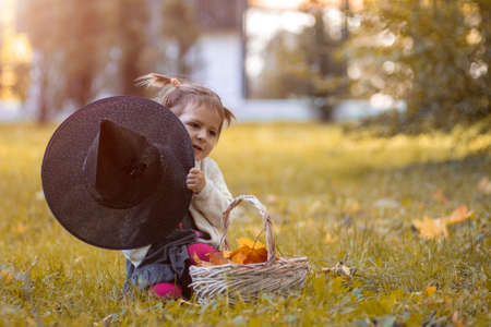halloween celebration concept. cute toddler playing and hides behind a witch's hat in an autumn park ..の写真素材
