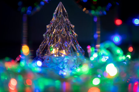 glowing crystal tree in multicolored shiny garlands new year and christmas celebration on black backgroundの写真素材
