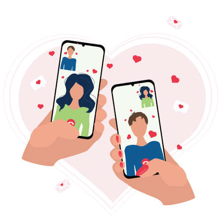 online date. hand holds a phone with a video call of a couple in love on the background of a heart. flat styleのイラスト素材
