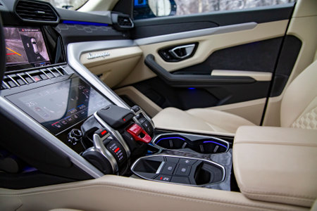 MOSCOW, RUSSIA - DECEMBER, 15, 2020: Interior of premium car Lamborghini Urus. light leatherのeditorial素材
