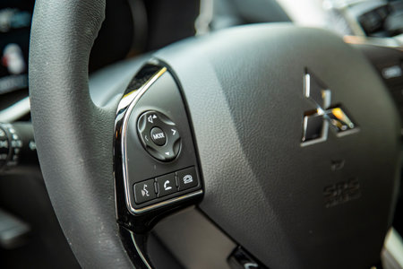 MOSCOW, RUSSIA - SEPTEMBER 30, 2019: Empty interior of new SUV car Mitsubishi Eclipse Cross....