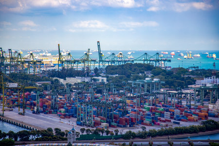 ingapore - march 4, 2020: panoramic cityscape seaport of singapore city. view from cable car singaporeのeditorial素材