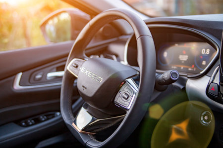 MOSCOW, RUSSIA: - SEPTEMBER 6, 2020: Empty interior and steering wheel of new Chinese crossover...