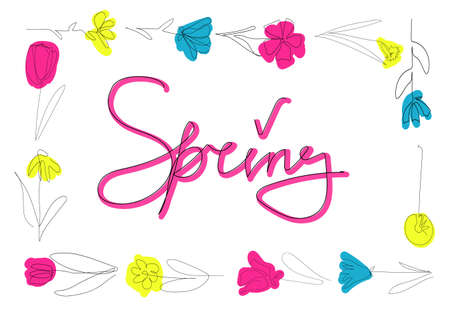 postcard spring flowers one line. hand drawing minimal colored vector illustrationのイラスト素材