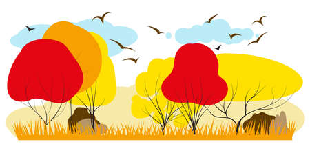Autumn landscape wonderland forest with grass land, Mid autumn natural in orange foliage, Fall season with beautiful panoramic view with flying birdsのイラスト素材