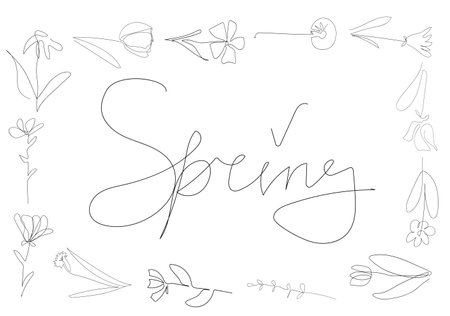 frame of beautiful flowers on the white background, one continuous line, black outline art, floral vector elements, botany setのイラスト素材