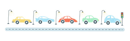 traffic jam from colored cars flat simple cartoon style hand drawing. vector illustrationのイラスト素材
