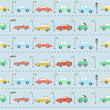 endless pattern set city cars traffic lights road. simple hand drawing style vector illustration.のイラスト素材