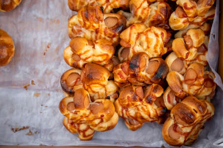 fresh delicious baked goods on parchment for baking top view. tastyの写真素材