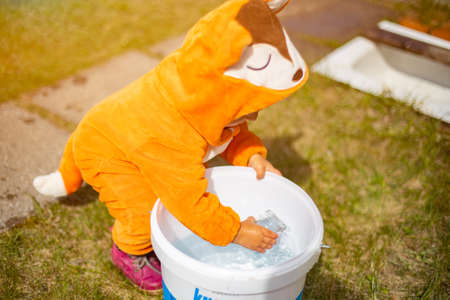 adorable little toddler playing with water in the backyard in sunshine. child in a fox costumeの写真素材