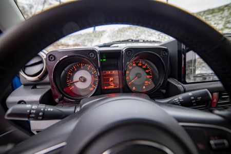 Moscow, Russia - January 24, 2020: sign and symbol on car dashboard. Car speedometer and tachometer...
