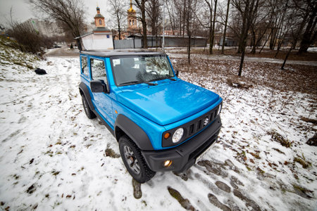 Moscow, Russia - January 24, 2020: New mini SUV Suzuki Jimny Static Photos in winter forest. close-up of suzuki offroad carのeditorial素材