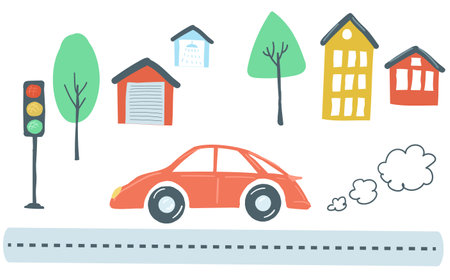 Traffic and house. transportation scenario, red car drives road throw houses and trees. vector illustration doodle cartoon styleのイラスト素材