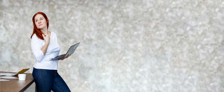 happy attractive woman with laptop. banner education, banner for remote job or computer repair...
