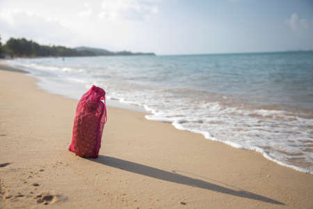 Mesh shopping bag with fruits stands on the sandy beach of the sea on a sunny day .. ecology of the oceans conceptの写真素材
