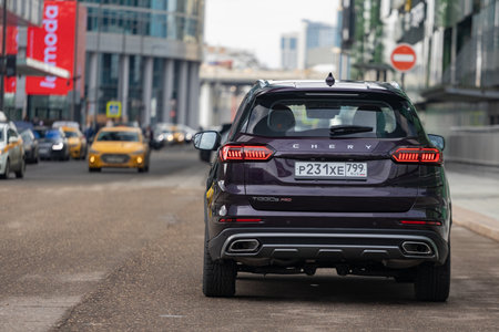 Moscow, Russia - March 18, 2021: Rear view of the new flagship seven-seater minivan Chery Tiggo 8 Pro. LED tail lights chinese carのeditorial素材