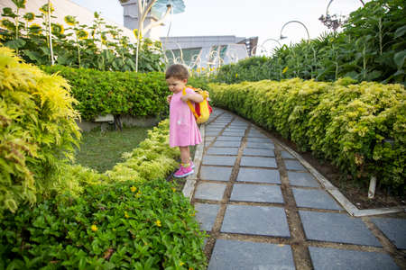 adorable infant girl in pink dress with baby backpack stand in parkの写真素材