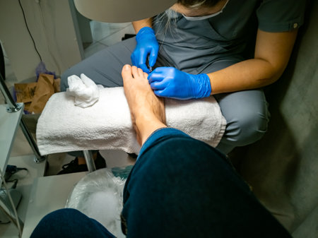 a gloved master makes a pedicure for a client. close-up no face. woman in a nail salon paints her...