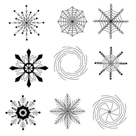 big set of hand-drawn beautiful snowflake. decor element. monochrome. vector doodleのイラスト素材