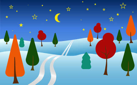 flat style winter forest landscape night in the sky shining stars card blank winter cartoonのイラスト素材