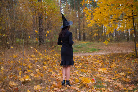 A beautiful young woman witch walks through the autumn forest. Back view.