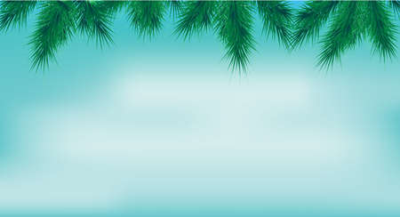 Border with green fir branches and lights on blue sky background. Pine, xmas evergreen plants banner. Vector Christmas tree postcard templateのイラスト素材