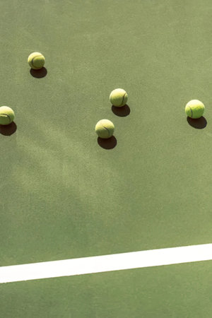 Close-up of tennis balls on a green court with white boundary line