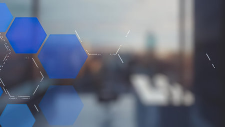 Modern design with blue hexagons and lines on a glass window in an office setting