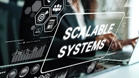 Digital screen showing scalable systems text with icons and graphics