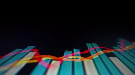 A digital stock market chart with colorful lines and bars showing data trends.