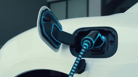 Close-up of an electric car charging port with cable plugged in, modern vehicle