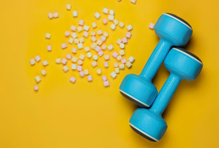 Healthy lifestyle concept with blue dumbbells and pink marshmallows on bright yellow.