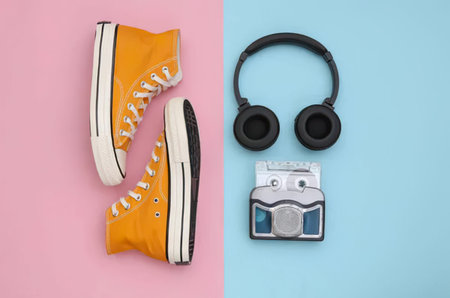 Bright yellow sneakers, black headphones, and a camera on pastel pink and blue background.