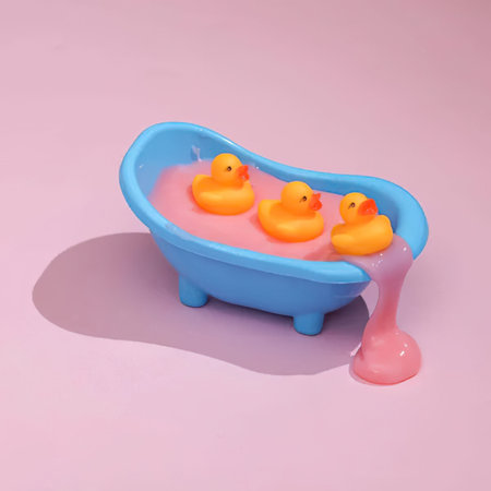 Playful rubber ducks in a blue bathtub filled with pink water on a pink background
