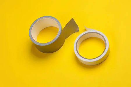 Two rolls of adhesive tape, gray and white, placed on a bright yellow surface.