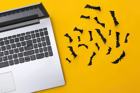 A laptop with black paper bats spread out on a bright yellow surface.