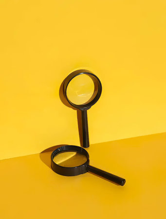 Simple image of a magnifying glass and loupe on bright yellow backdrop