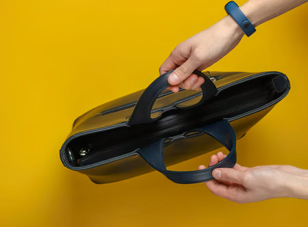 A person holding a black bag with a zipper, bright yellow background