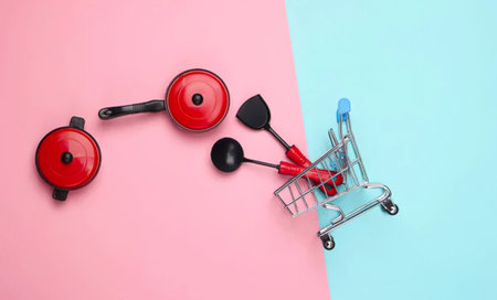 A simple image of red kitchen pots and a tiny shopping cart on pastel pink and blue background, suitable for cooking and shopping themes.