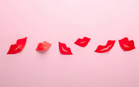 Creative arrangement of red paper lips cutouts on pink background