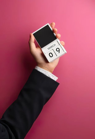 Businessman holding calendar on color background, closeup. Time management concept