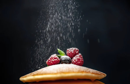 Pancake with fresh raspberries and blueberries on black background