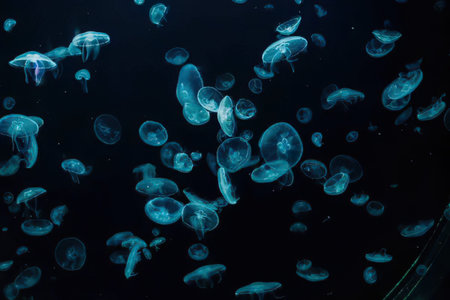 A natural scene of glowing blue jellyfish floating in deep ocean environment.