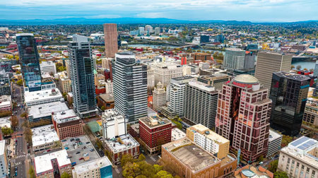 A colorful cityscape featuring high-rise buildings and urban scenery from above.