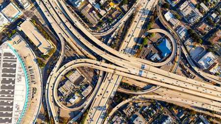 An overhead shot showing a complex highway interchange with multiple roads and vehicles.