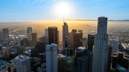 A cityscape scene showing tall skyscrapers with a sunset sky in the background